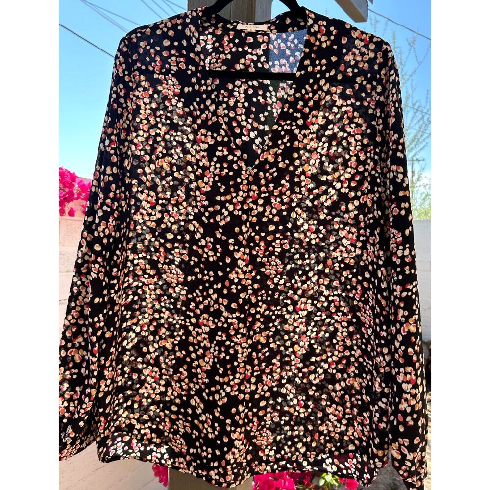 Pleione Wome's Long Sleeve Floral Print Blouse Tunic Size XL Black White Pink